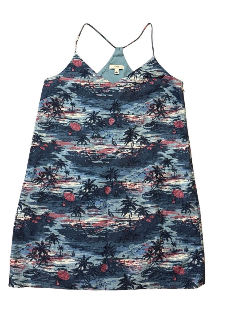 J. Crew Carrie Dress in Hawaii Sunset Size 12 Linen Cotton Blend Beach Palm Tree